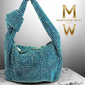 MADISON WEST LA Knotted Aquamarine Crystal Embellished Dumpling Purse EUC
